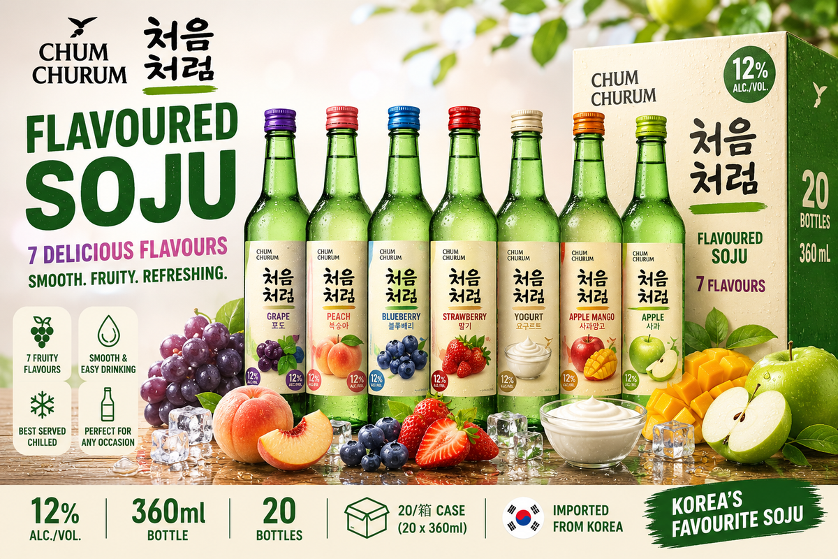 Chum Churum Flavoured Soju – Wholesale Carton 처음처럼 과일소주 | Grape, Peach, Blueberry, Strawberry, Yogurt, Apple Mango & Apple | 20 × 360ml | 12% ABV