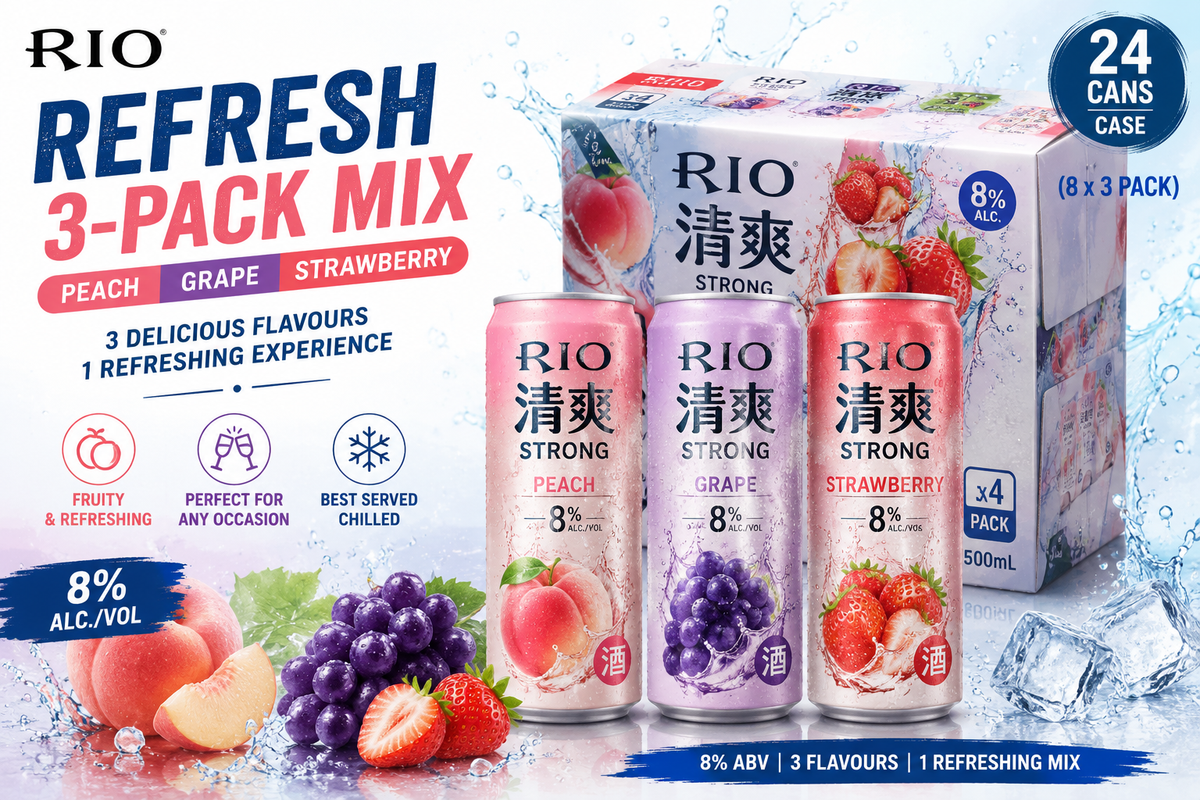 RIO Refresh 3-Pack Mix – Wholesale Carton RIO 清爽三联混装 | Peach, Grape & Strawberry | 24 × 330ml | 5% ABV | 8 × 3-Pack